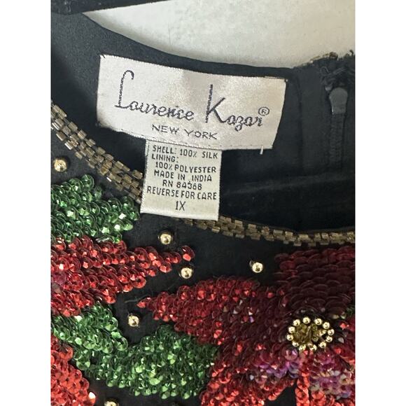 Laurence Kazar Silk Poinsettia Beaded Sequin Black Red Top Vtg 80s Size 1X EUC - Picture 2 of 8